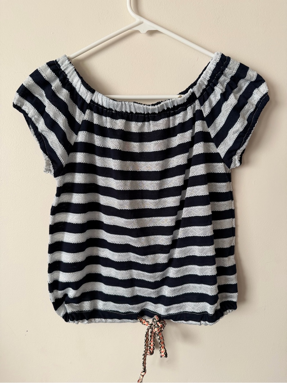 Hem & Thread Navy and White Striped Off-Shoulder Top